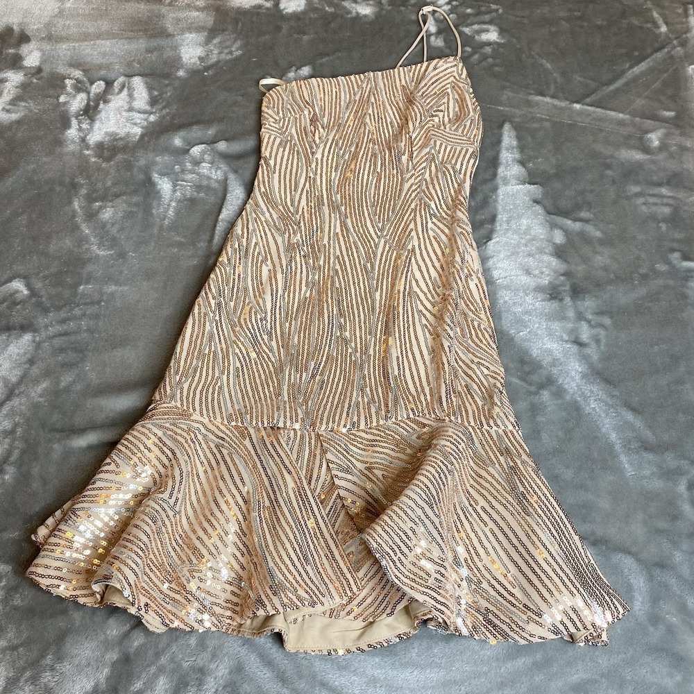 Hello Molly mini‎ sequin dress Womens size XS 2 One Shoulder Beige Gold Silver